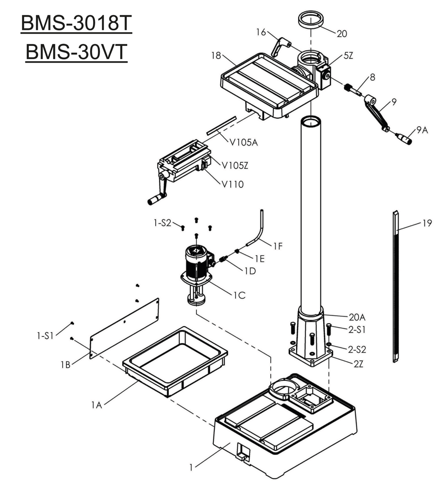 Säulenbohrmaschine Proton BMS-30 VT, LED-Arbeitsleuchte und Schnellspannbohrfutter 1 -16 mm