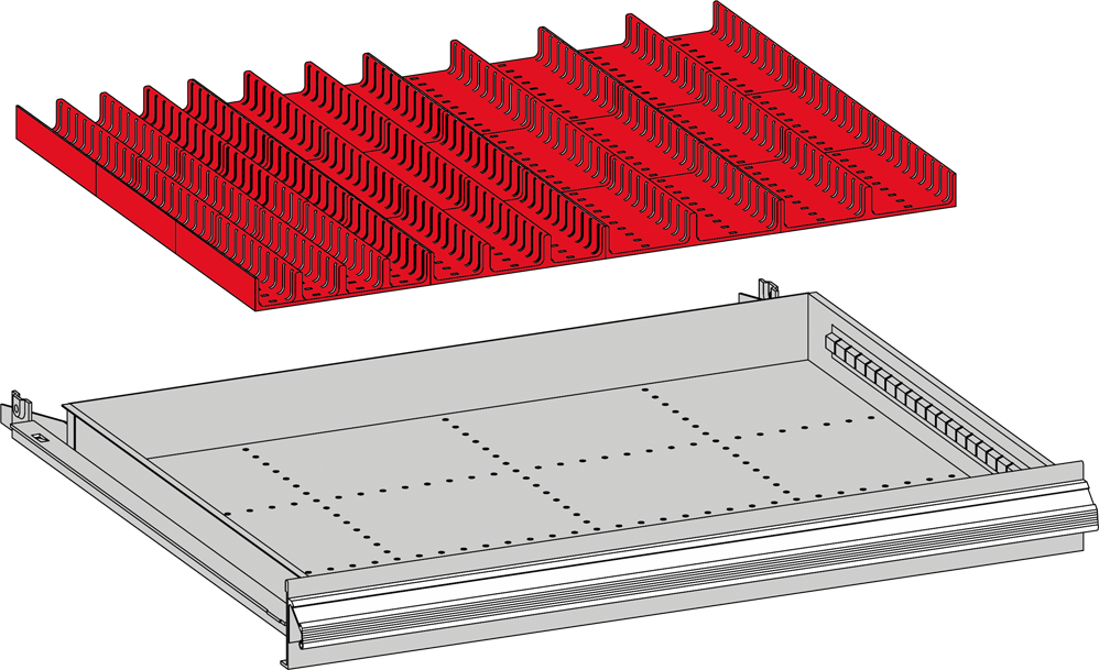 Einteilungsmaterial Schublade rot, Kunststoffmulden, 620 x450  mm
