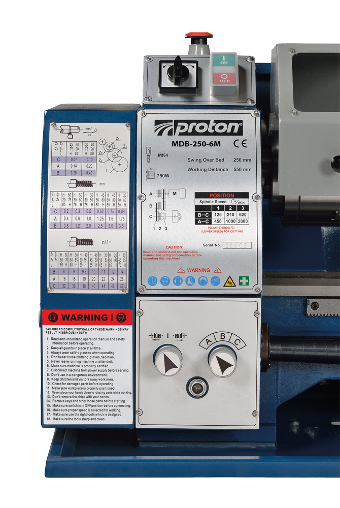 Metalldrehbank Proton MDB-250-6M, 230V, Spitzenhöhe x Spitzenweite 130x550mm