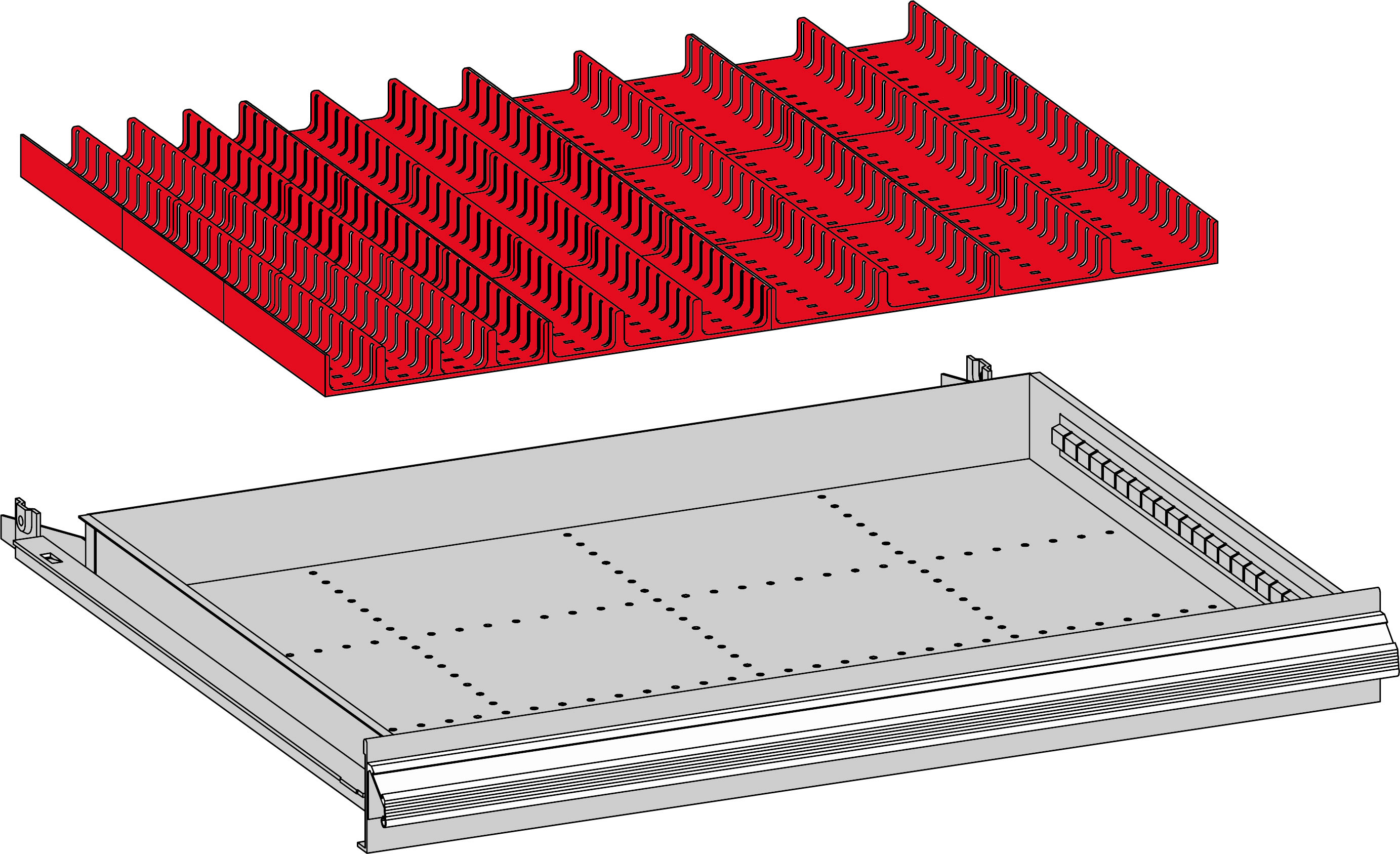 Einteilungsmaterial Schublade rot, Kunststoffmulden, 620 x450  mm