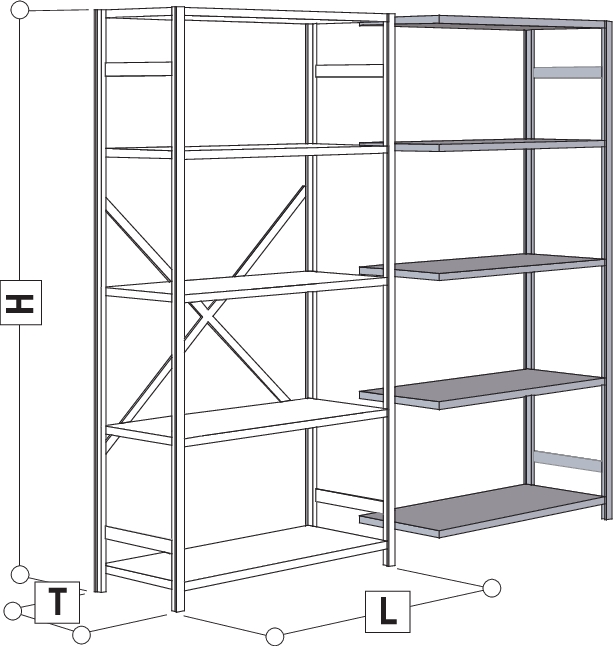 Grundregal 2500x1300x400, mit 5 Fachböden, à 140 kg