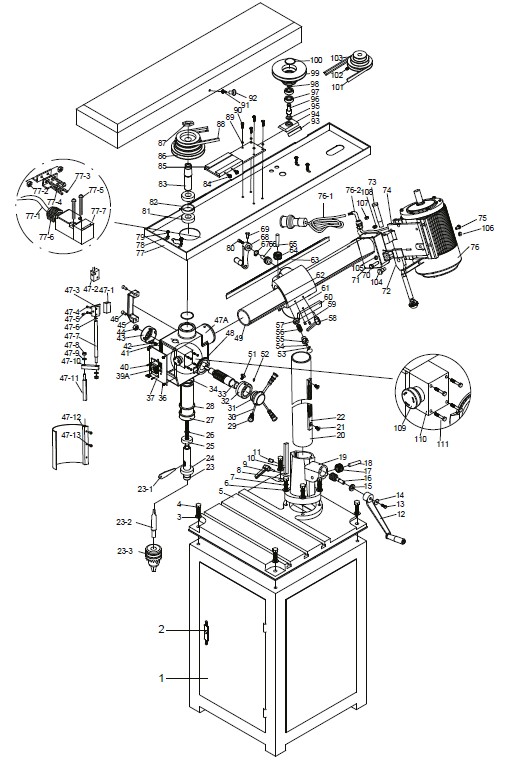 Radialbohrmaschine Proton RBM-1609T, 400V, 0.75kW, MK2, 9-tourig, mit Standfuss, SS-Bohrfutter 16mm