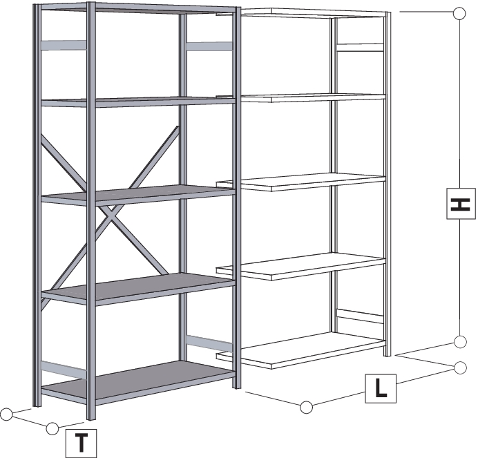 Anbauregal 2500x850x300, mit 5 Fachböden, à 110 kg